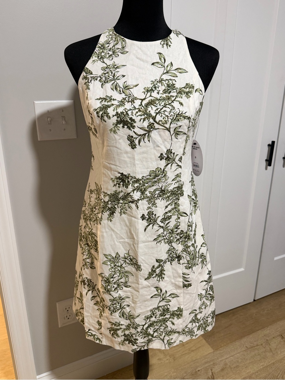 Scoop Sleeveless White Dress with Green Botanical Print